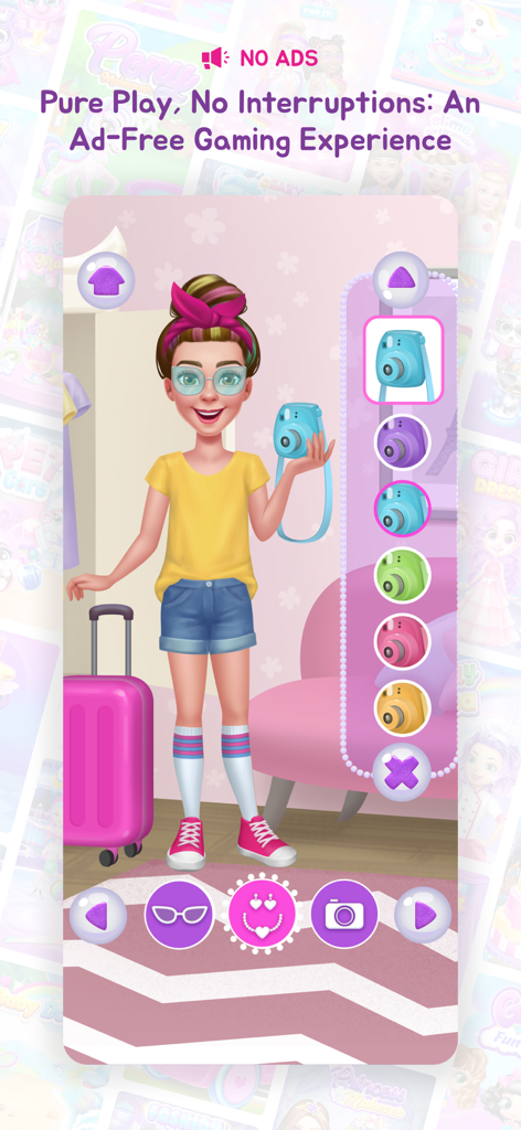 Girls Games! +1000 Kids Games - Un personaje de niña personalizando accesorios en un juego de disfraces para niñas sin anuncios.
