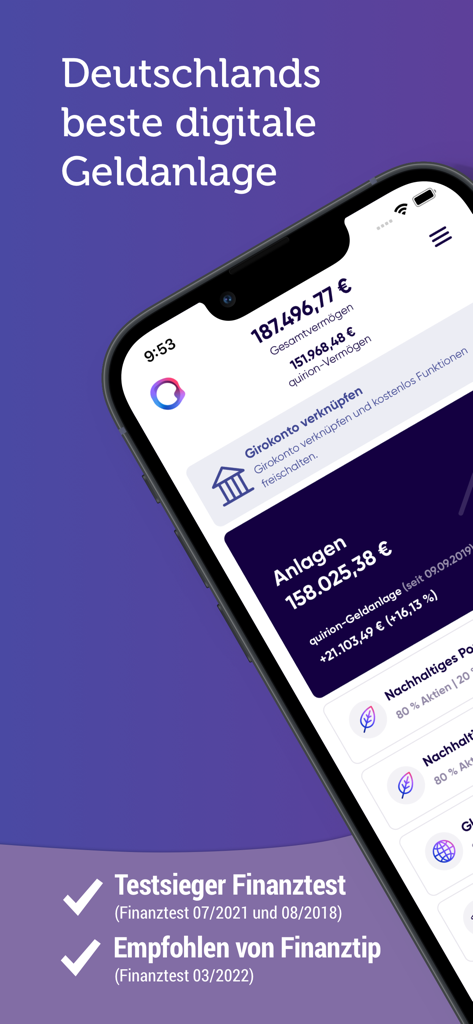 quirion – digitale Geldanlage - A smartphone displaying the quirion digital investment app dashboard with a financial portfolio overview and German finance awards
