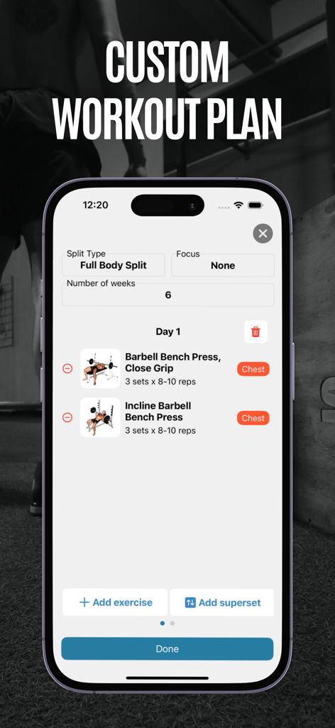 Gym Genius app screen for creating a custom full body workout plan.