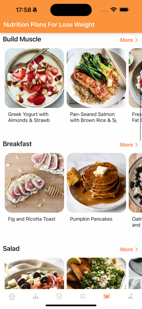 Exercise for Obesity at Home - Une interface d'application mobile présentant des catégories de plans nutritionnels, y compris prise de muscle, petit-déjeuner et salade avec des photos d'aliments sains.