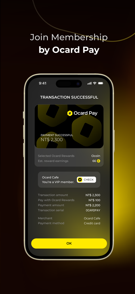 Ocard: Rewards and Coupons - Ocard app interface displaying a successful payment transaction confirmation and Ocoin reward points earned