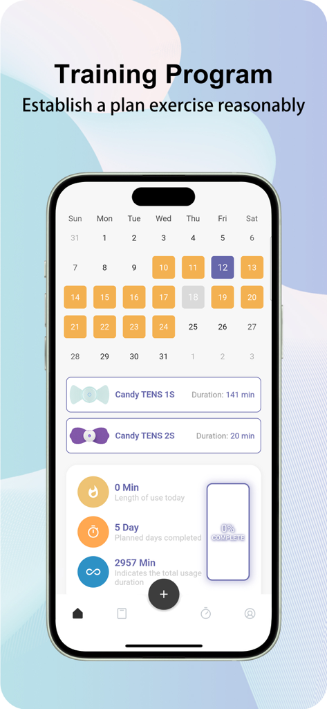 DOMAS - Schermata del programma di allenamento dell'app DOMAS con un calendario mensile e statistiche di utilizzo del dispositivo TENS