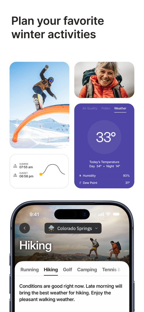 The Weather Channel app interface for planning winter activities like hiking and snowboarding.