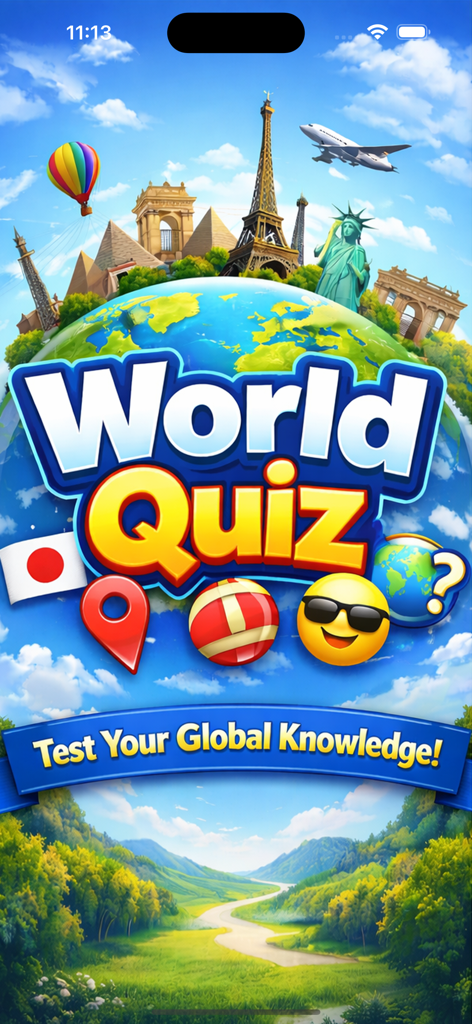 World Quiz and Emojis - Pantalla de inicio de la aplicación World Quiz and Emojis con un globo terráqueo, monumentos mundiales e íconos coloridos
