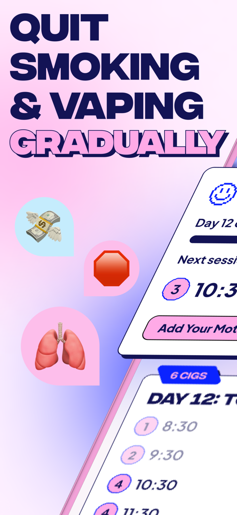 Weanie - Quit Smoking Tracker - Weanie app interface showing a schedule for gradually quitting smoking and vaping with health and savings icons.