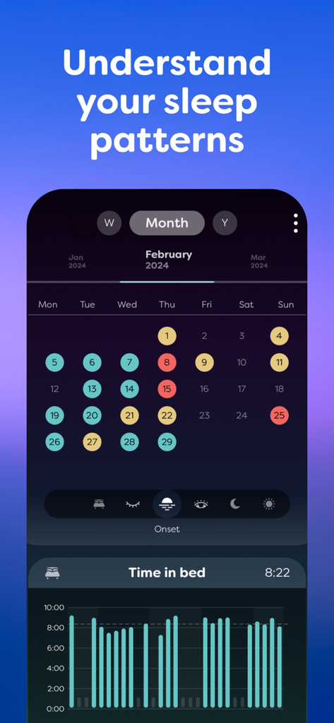 Sleepwave: Alarm & Tracker - Sleepwave monthly sleep history calendar and time in bed analysis chart