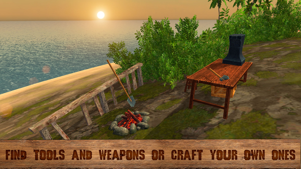 Pirate Island Survival Simulator 3D - Una estación de fabricación con una mesa y herramientas junto a una hoguera en la playa de una isla tropical al atardecer.