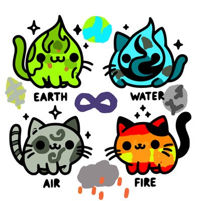 4 cats that represent the different elements, earth, water, air, and fire