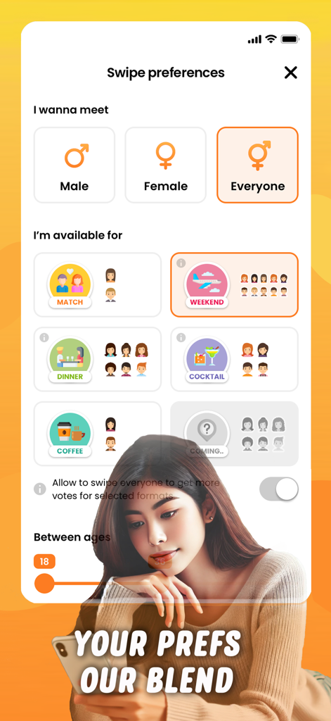 Blender Dating App Meet & Date - Interface of Blender dating app showing user preferences for gender, meeting types like weekends and group dinners, and age range filters.