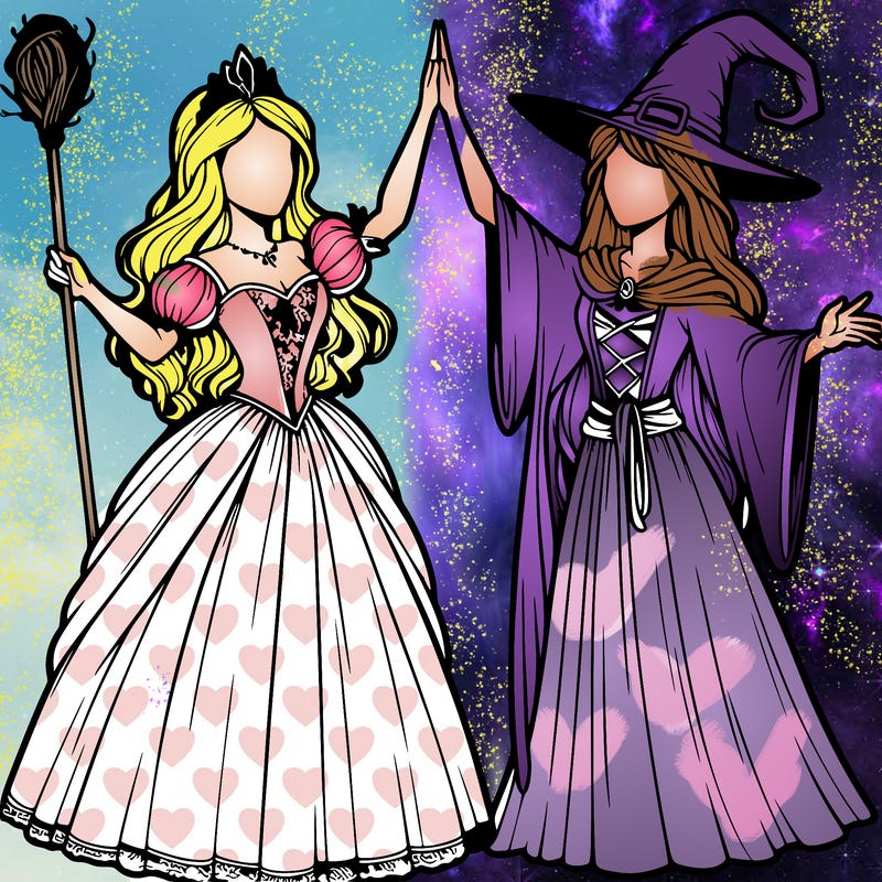 detailed realistic split of a princess and a witch