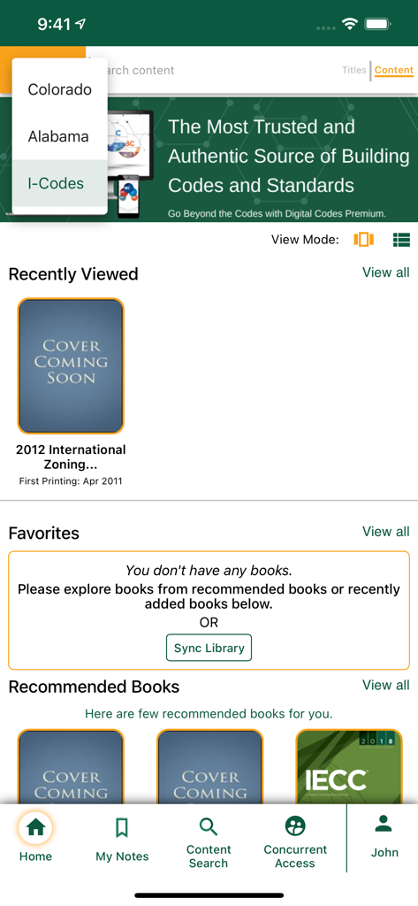 Home dashboard of the ICC Digital Codes Premium app showing building code titles and navigation tabs