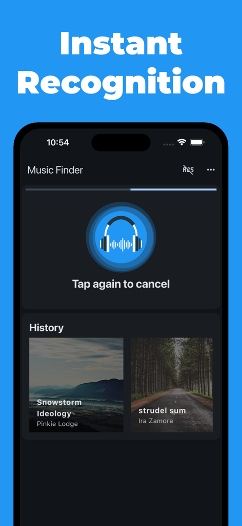 Music Finder - Recognize Songs - Screenshot of Music Finder app interface showing instant song recognition and search history