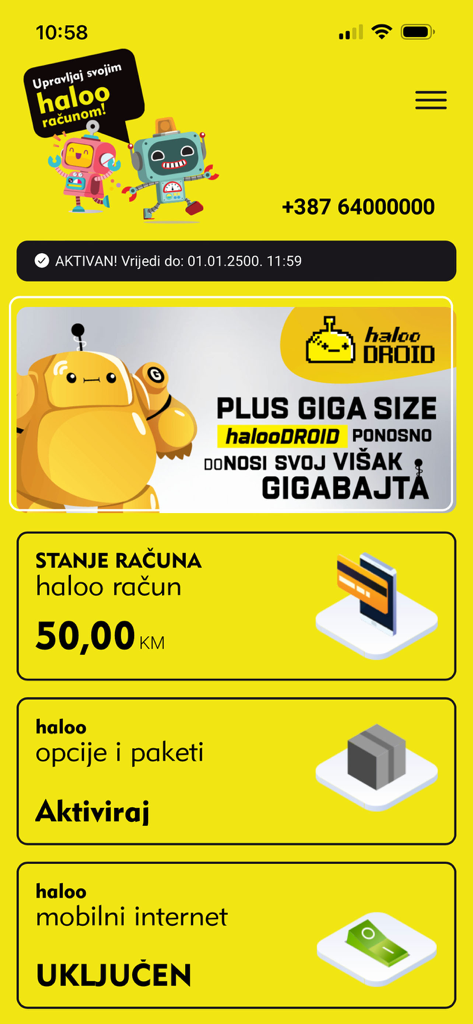Moj haloo - Dashboard der Moj haloo App mit Guthabenanzeige in KM und Status der mobilen Datenverbindung auf gelbem Hintergrund.