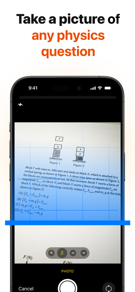 Physics AI - Problem Solver - Smartphone interface scanning a physics textbook problem with a diagram for an AI solution