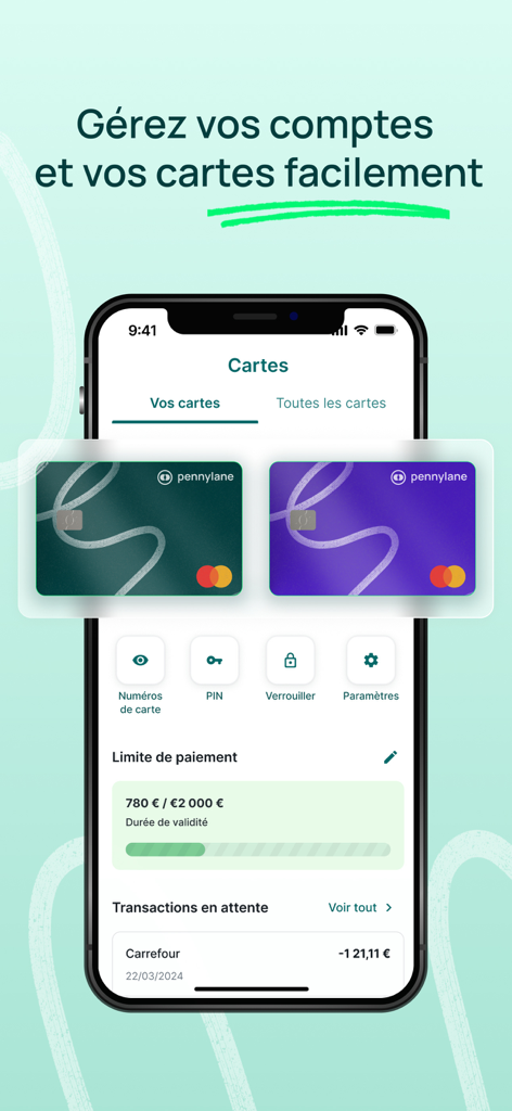 Pennylane - Pantalla de la aplicación móvil Pennylane que muestra la gestión de tarjetas Mastercard empresariales y el seguimiento de transacciones