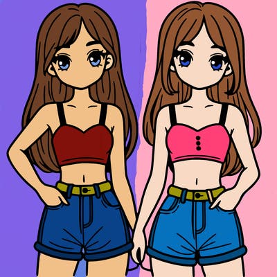 two sisters with crop tops and jean shorts and straight hair