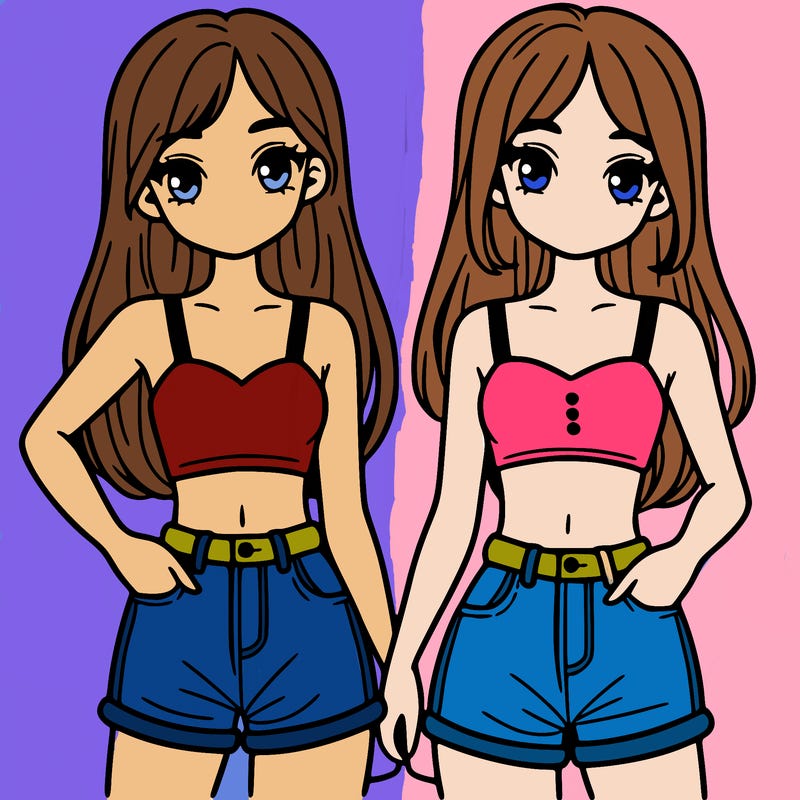 two sisters with crop tops and jean shorts and straight hair