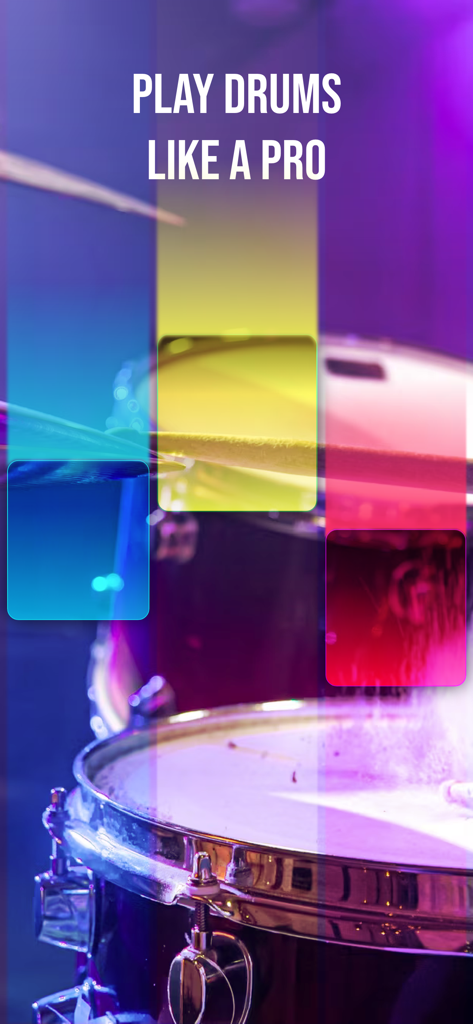 Drum Tiles: drumming game - Drum Tiles drumming game interface with colorful rhythm tiles and the text Play Drums Like A Pro