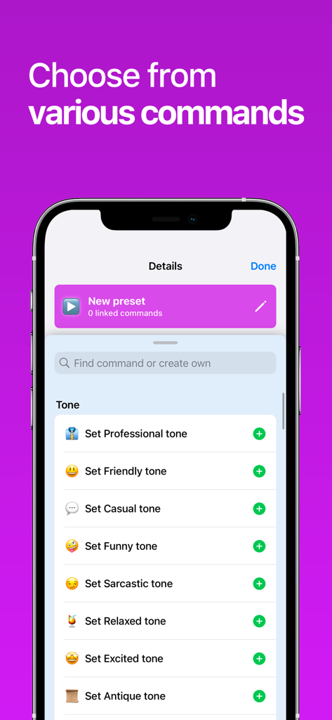 AI Keyboard Assistant - Keybot - Interface of Keybot AI keyboard assistant showing various writing tone presets such as professional friendly and casual