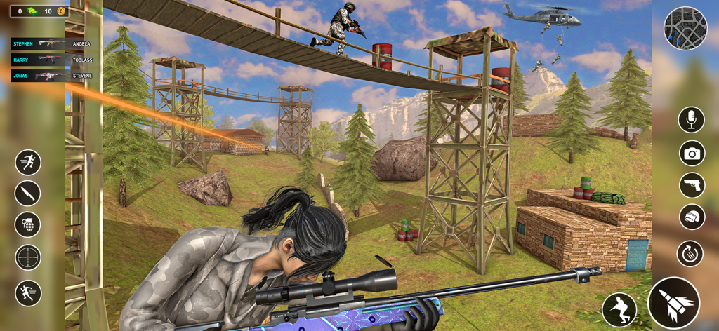 Anti Terrorist Shooting Game - Un personaje comando femenino apuntando un rifle de francotirador en una base militar al aire libre con torres de vigilancia y helicópteros