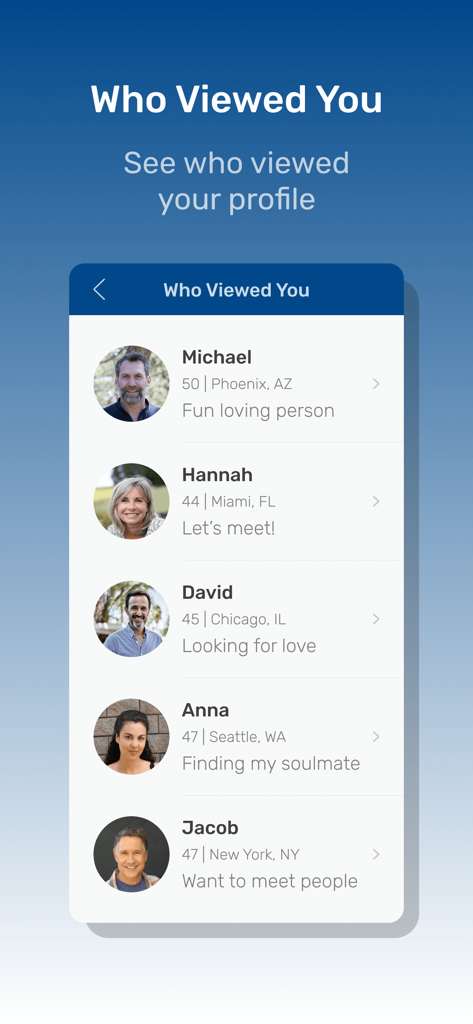JSingles App-Oberfläche, die eine Liste von Benutzern zeigt, die ein Profil angesehen haben.