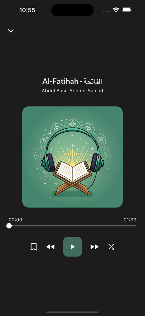 Audio player interface in the All - MP3 Quran app featuring a recitation of Al-Fatihah by Abdul Basit Abd us-Samad