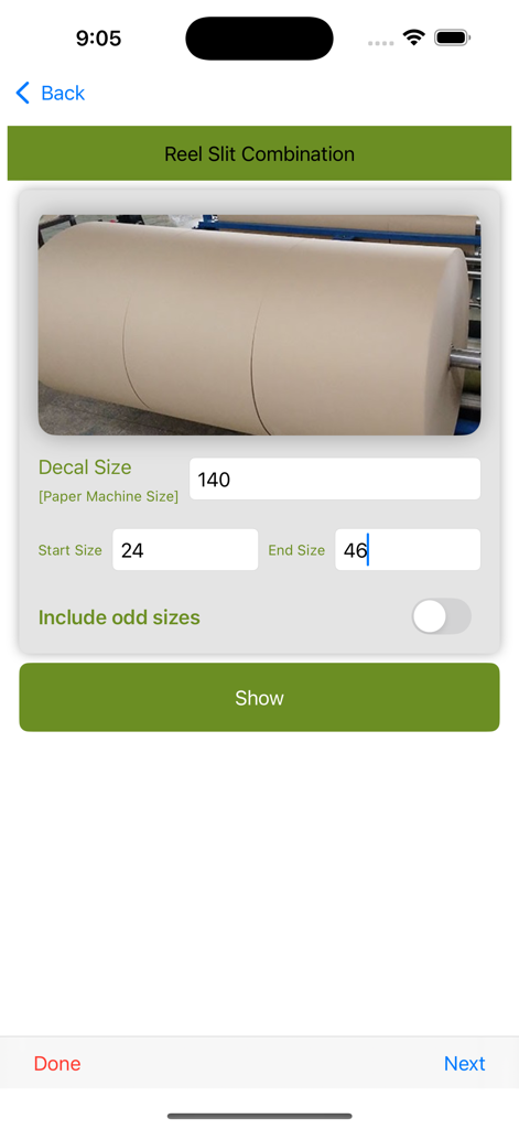 Interface of the Reel Slit Combination calculator for paper packaging production optimization