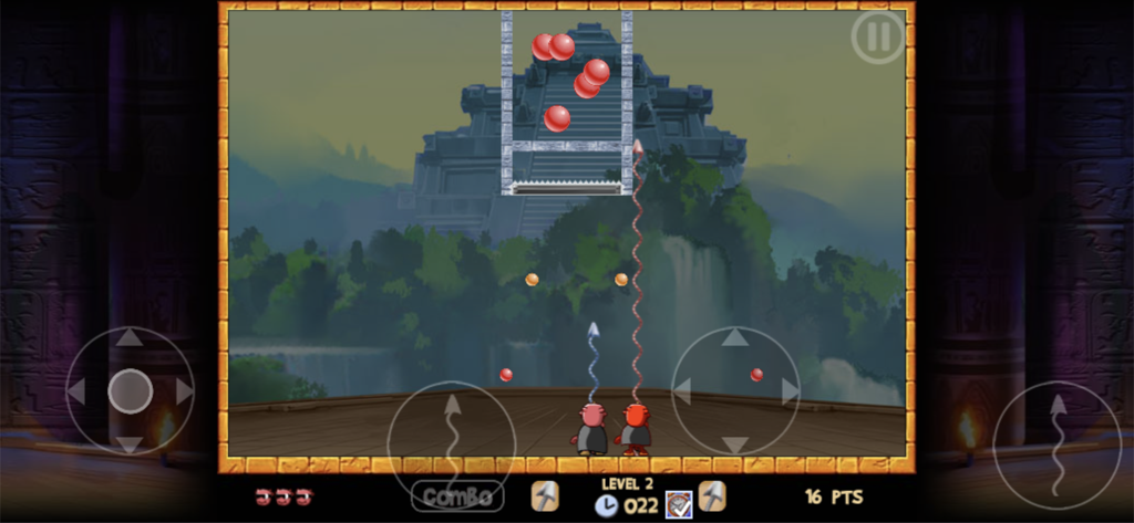 Bubble Trouble 3 - Two players shooting harpoons to pop red bubbles in a temple level of Bubble Trouble 3.