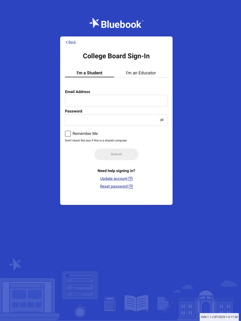 College Board sign-in screen for Bluebook Exams featuring student and educator login tabs.