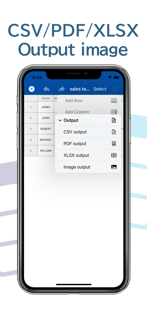 Table Notes app menu showing CSV, PDF, and XLSX export options.