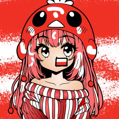 anime girl with chick shaped hat with sweater with bare shoulders with bangs covering them one eye with low tail