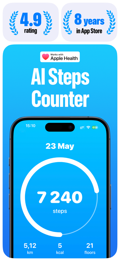 Steps Tracker Pedometer StepGo iPhone interface showing daily step count and activity statistics