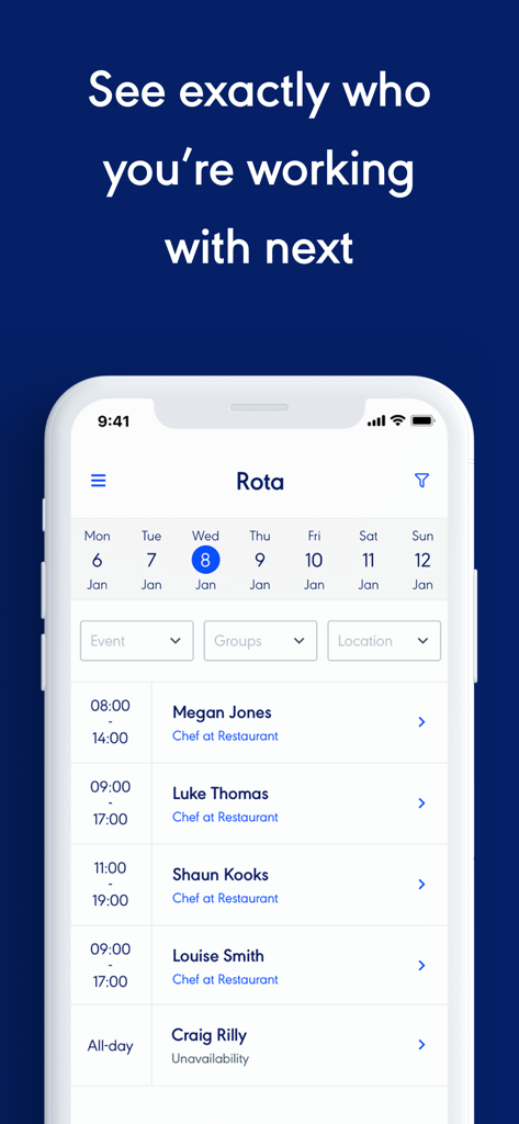 Rotaready - Screenshot of the Rotaready app showing a daily rota with names, roles, and shift times of restaurant staff.