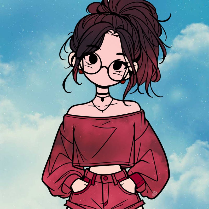 girl with a messy ponytail glasses a baggy crop top and jean shorts