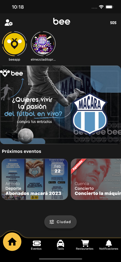 Bee App Ecuador - Interface of Bee App Ecuador showcasing upcoming events and taxi booking services