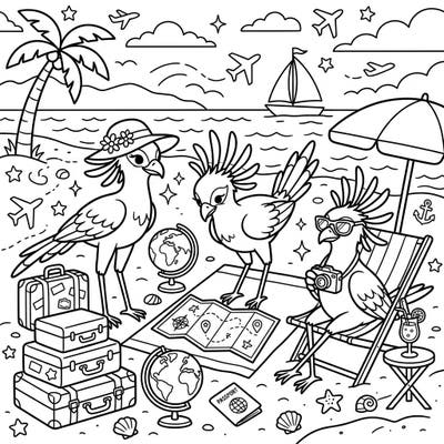 Embark on a tropical coloring journey with our unique Secretarybirds on Vacation page. Capture the joy of travel and beach relaxation as you bring these adventurous birds to life with your favorite colors.