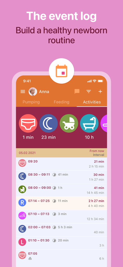 Breastfeeding Newborn tracker - Una interfaz de aplicación móvil que muestra un registro detallado de eventos para un bebé recién nacido, incluyendo sueño, cambios de pañal y actividades al aire libre con marcas de tiempo.
