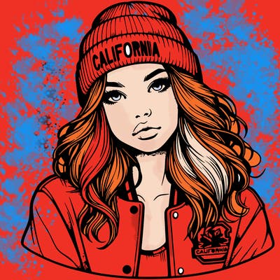 realistic girl with a varsity jacket and california beanie
