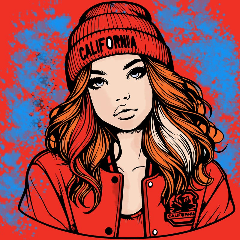 realistic girl with a varsity jacket and california beanie