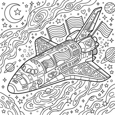 Blast off into a universe of color and celebration with this unique Pride Space Shuttle coloring page. Adorned with symbols of love and diversity, it's a perfect way to show your support and creativity.