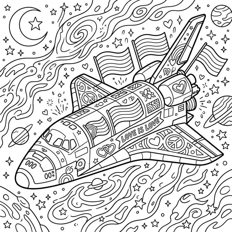 Blast off into a universe of color and celebration with this unique Pride Space Shuttle coloring page. Adorned with symbols of love and diversity, it's a perfect way to show your support and creativity.