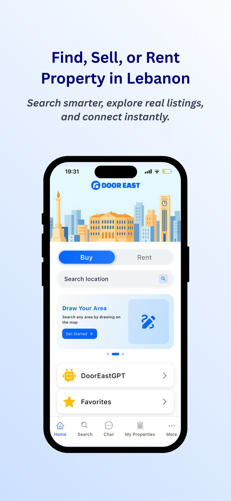 DoorEast - Lebanon Real Estate - Tela inicial do aplicativo DoorEast para encontrar imóveis no Líbano