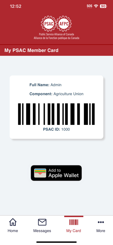 PSAC-AFPC - Interface of the PSAC-AFPC app displaying a digital member card with a barcode and an Add to Apple Wallet button