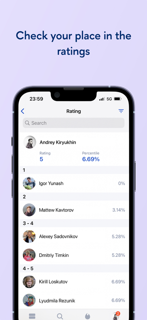 HSE App X student academic rankings screen showing percentiles and names