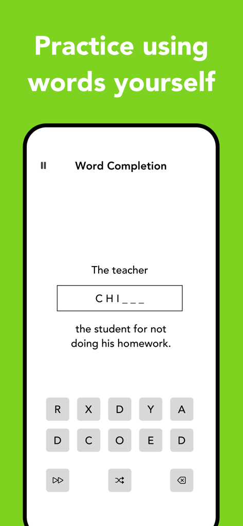A word completion exercise on the WordPal app to practice English vocabulary.