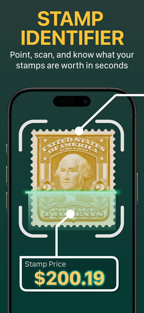 StampLens AI - Scan & Collect - An iPhone scanning a vintage US postage stamp to identify its market value.