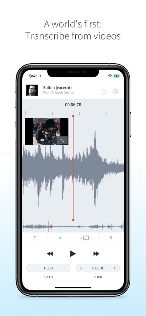AudioStretch - AudioStretch mobile app interface showing a video of a pianist and its corresponding audio waveform for music transcription