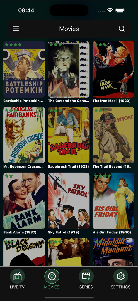 WPlay Mobile - WPlay Mobile app movie library interface showing classic film posters and bottom navigation bar
