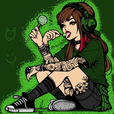 cool realistic girl with headphones sitting down with nones ring eating a lollipop has tattoos