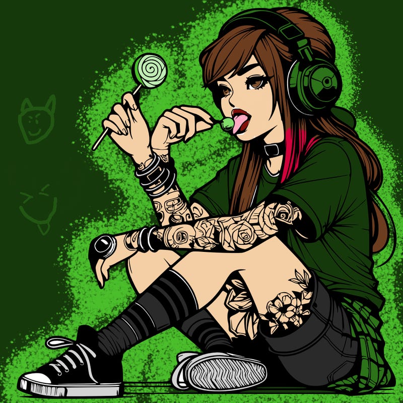 cool realistic girl with headphones sitting down with nones ring eating a lollipop has tattoos
